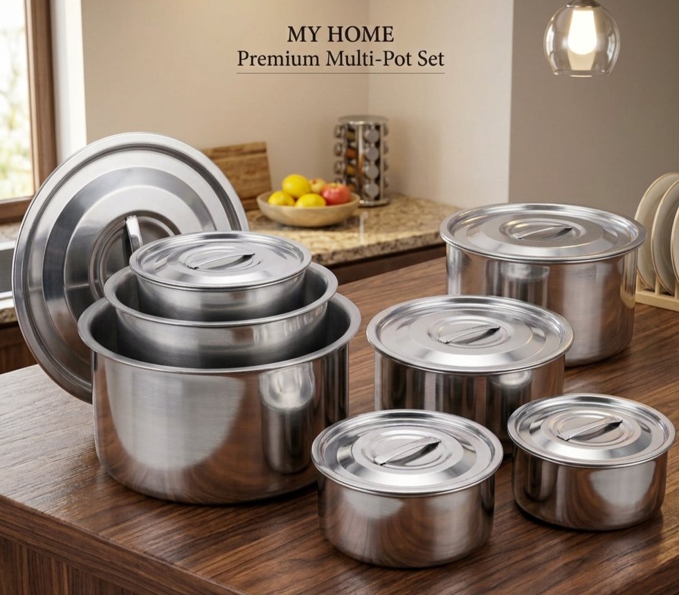 MY HOME Stainless Steel Cookware Pot Set with Lids – 5 Pieces (14 cm to 30 cm)