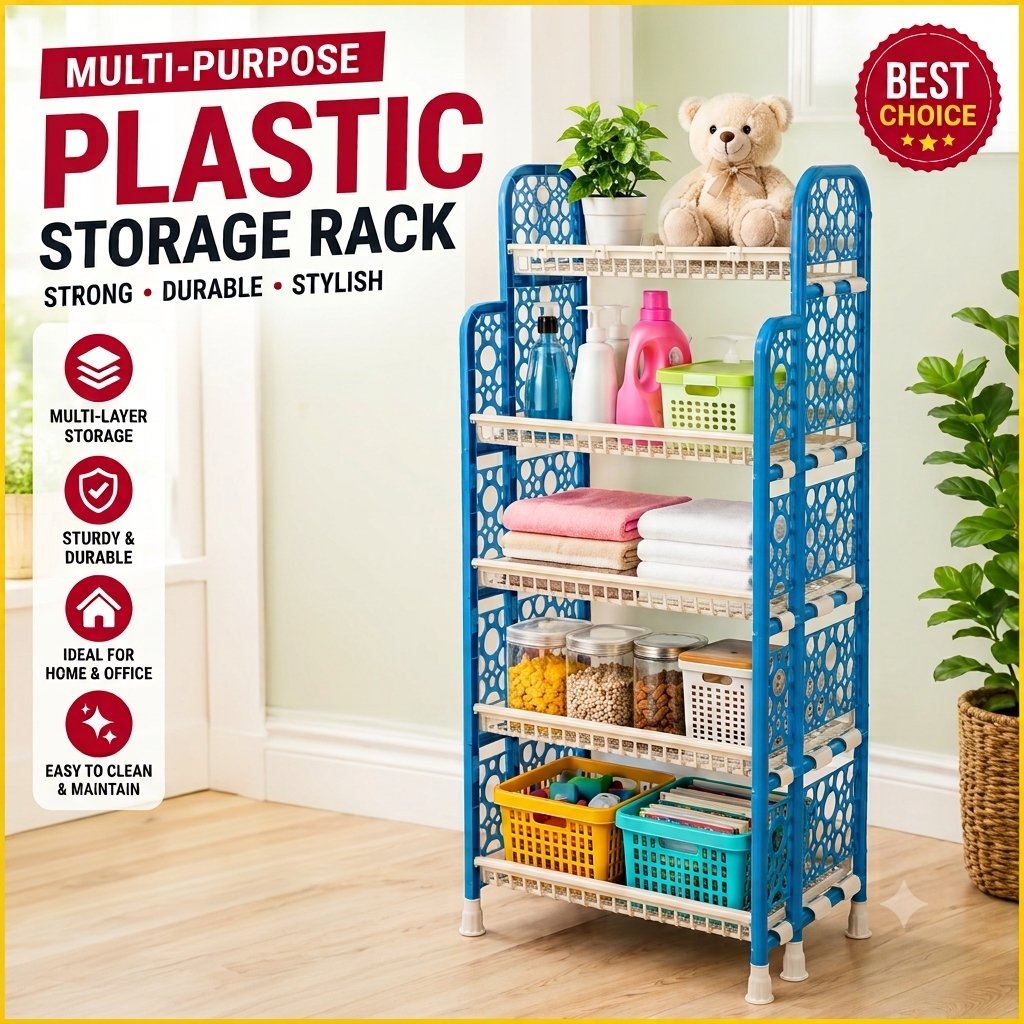 Multi-Purpose 5-Tier Plastic Storage Rack | Heavy-Duty Organizer for Home, Kitchen, & Office
